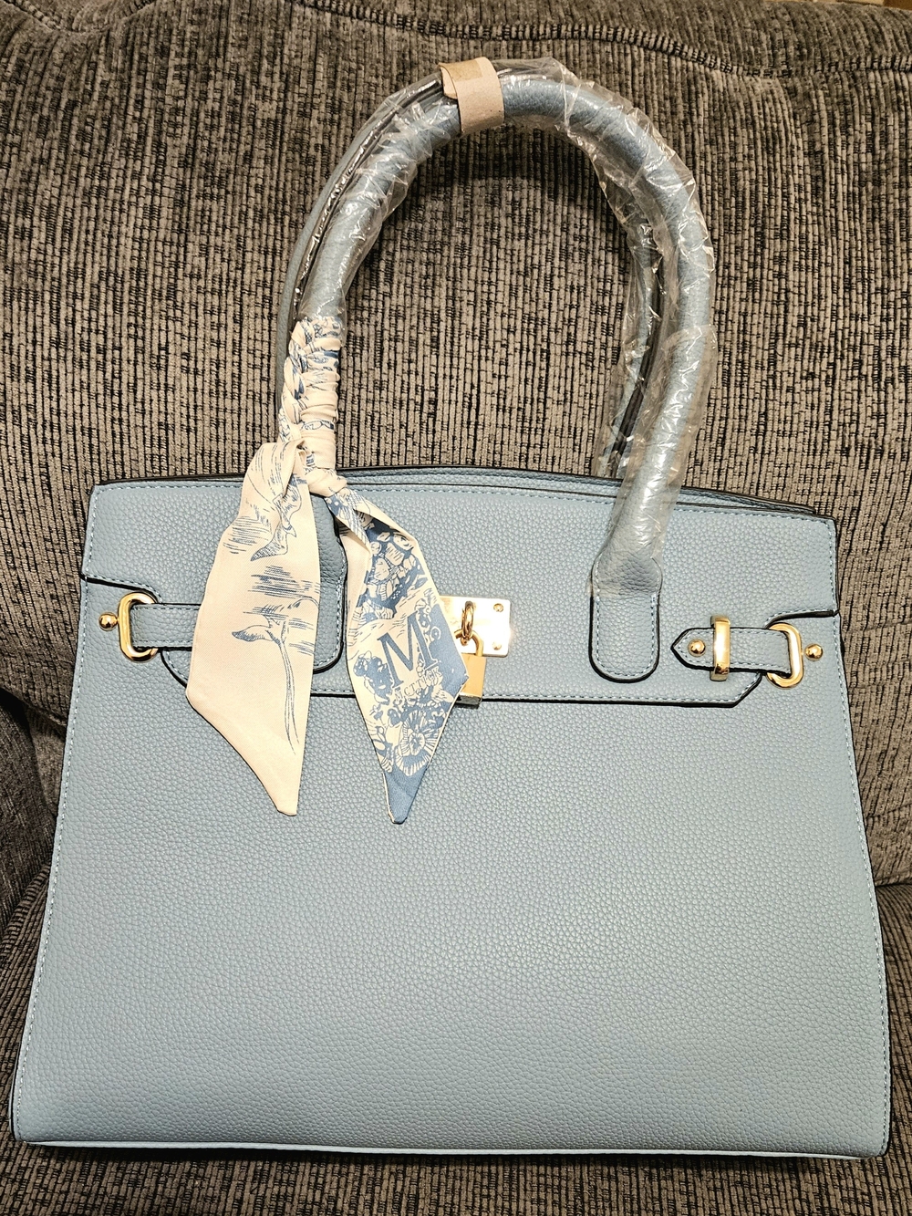 Structured Top-Handle Tote Bag in Light Blue with Scarf Accent | Wirkin Bag